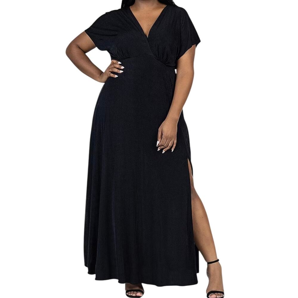 24seven Women’s Front Slit Empire Waist Maxi Dress Black Size 3X